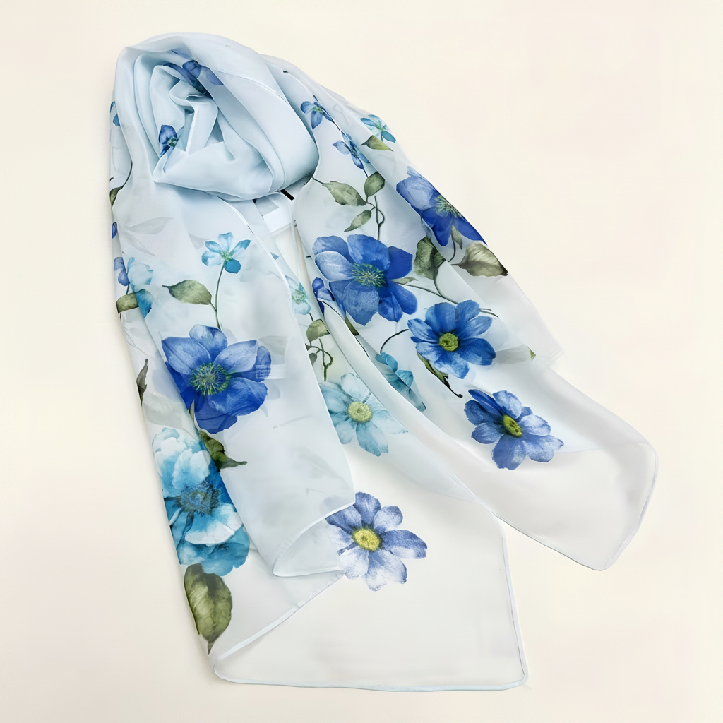 Light blue chiffon scarf with bold blue floral and green leaf print elegantly draped on white background, studio product shot