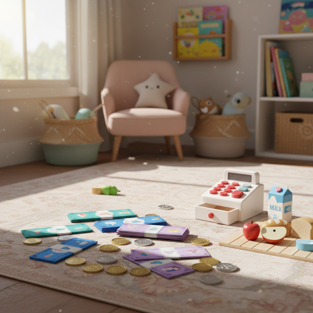 Children's play money set in bedroom play area with toy cash register and wooden play food, natural window light