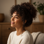 Woman with gorgeous voluminous dark brown curly updo showing the beautiful result of wearing the 2 Nigella hair bun clip-in