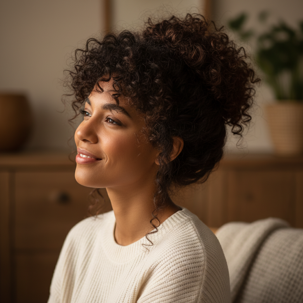 Woman with gorgeous voluminous dark brown curly updo showing the beautiful result of wearing the 2 Nigella hair bun clip-in