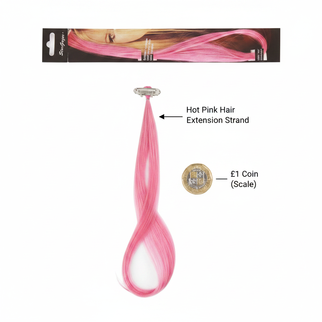 Stargazer Baby Hair Extension Hot Pink flat lay with £1 coin for scale on white background