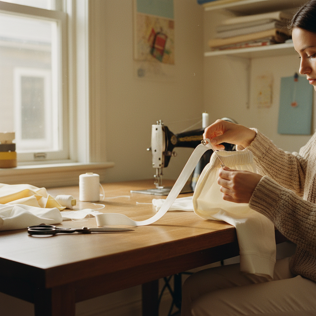 Seamstress threading white elastic through children's pyjama waistband on a sewing table