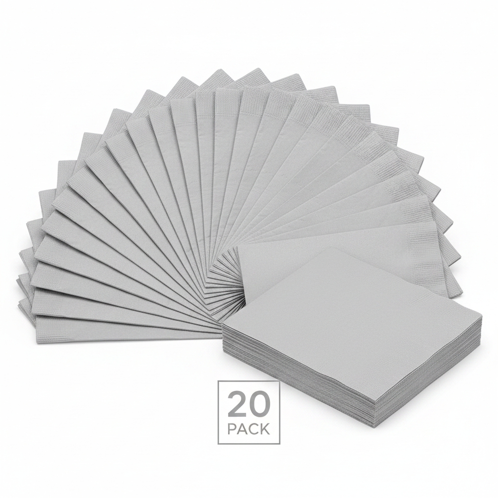 Unique 20 Pack Silver Luncheon Napkins 32.3cm fanned out on white background