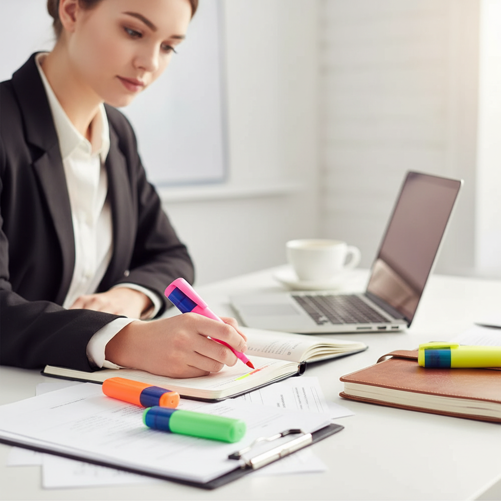 Young professional woman using chunky highlighter pens to mark up documents at a bright modern office desk
