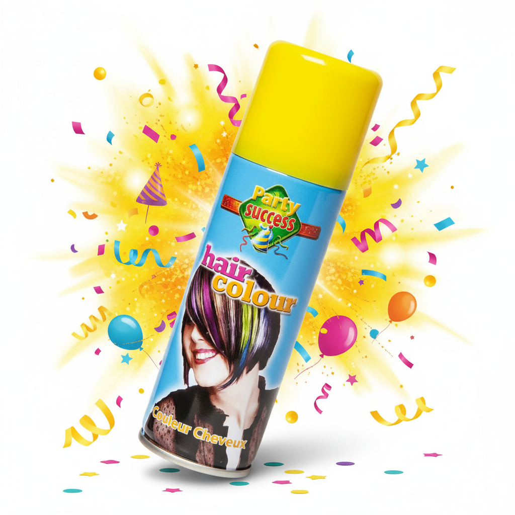 Party Success Yellow Temporary Hair Colour Spray 125ml product shot on vibrant festival background