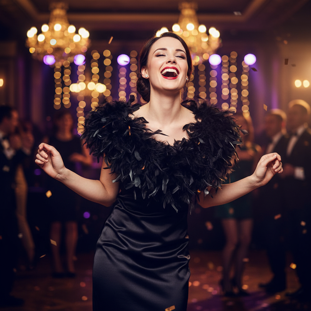 Glamorous woman wearing black feather boa at a party, laughing and dancing in a black dress
