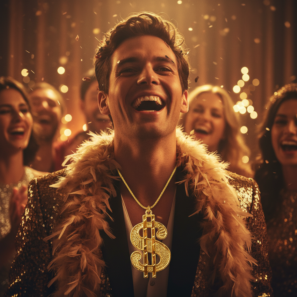 Aspirational lifestyle scene showing gold dollar medallion necklace at a fun fancy dress party, golden hour lighting