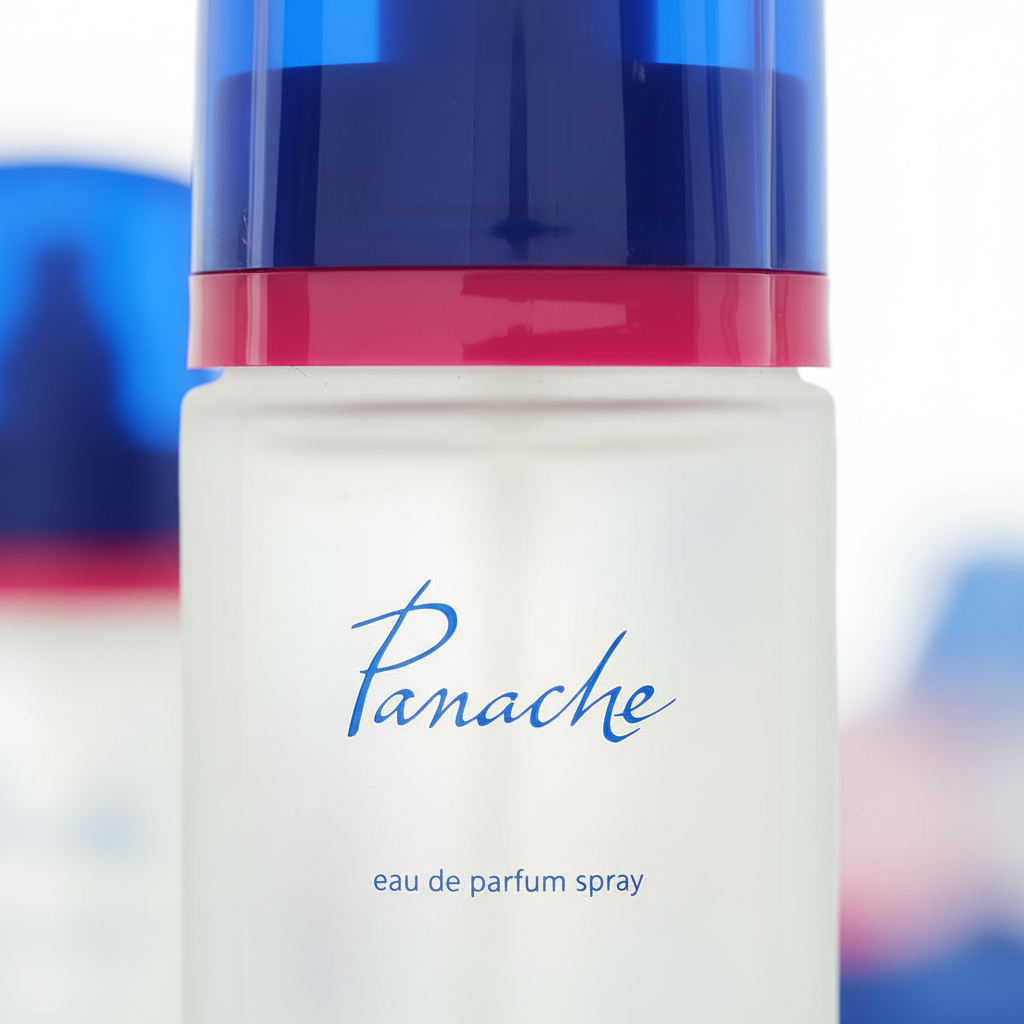 Extreme macro close-up of Panache EDP frosted white glass bottle with cobalt blue cap and hot pink collar detail