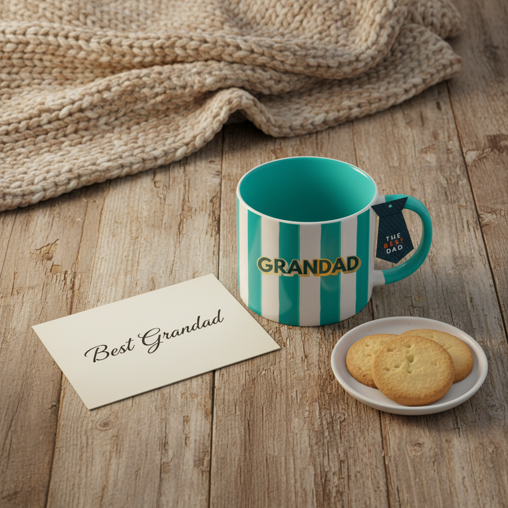 Flat lay of the Grandad Stripes 700ml gift mug with a Best Grandad card and biscuits on a rustic wooden surface