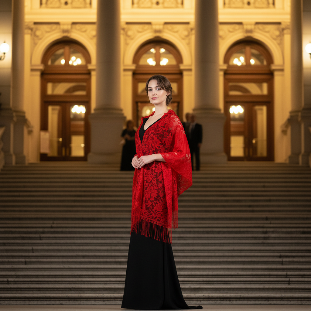 Elegant woman wearing red lace pashmina shawl on steps of grand theatre at night