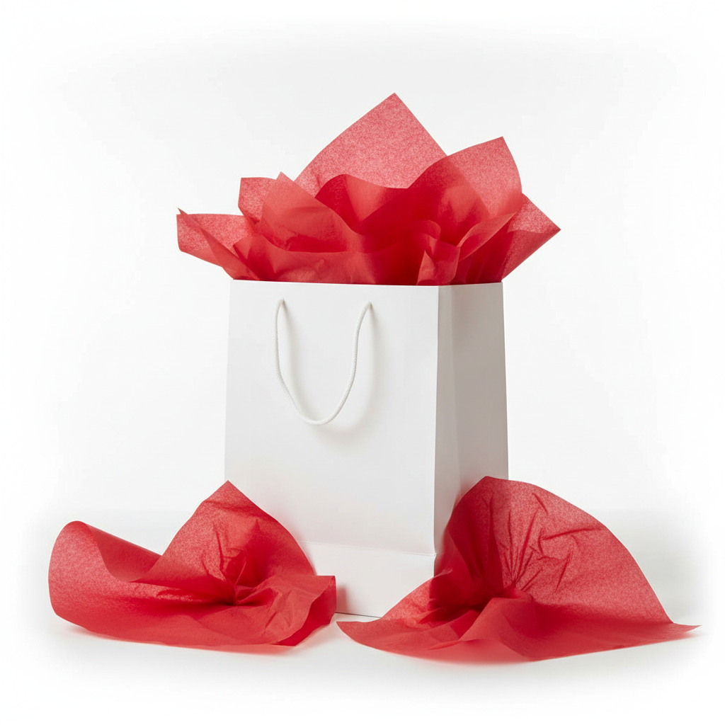 Red tissue paper spilling out of a white gift bag lifestyle shot