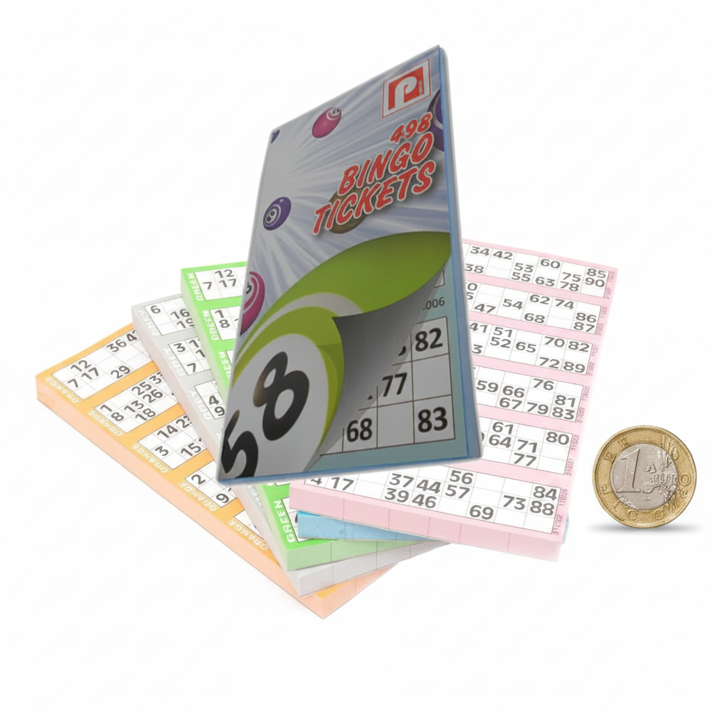 Bingo Ticket Pads flat lay beside a £1 coin showing product size, pastel pink yellow green blue strips