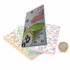 Bingo Ticket Pads flat lay beside a £1 coin showing product size, pastel pink yellow green blue strips