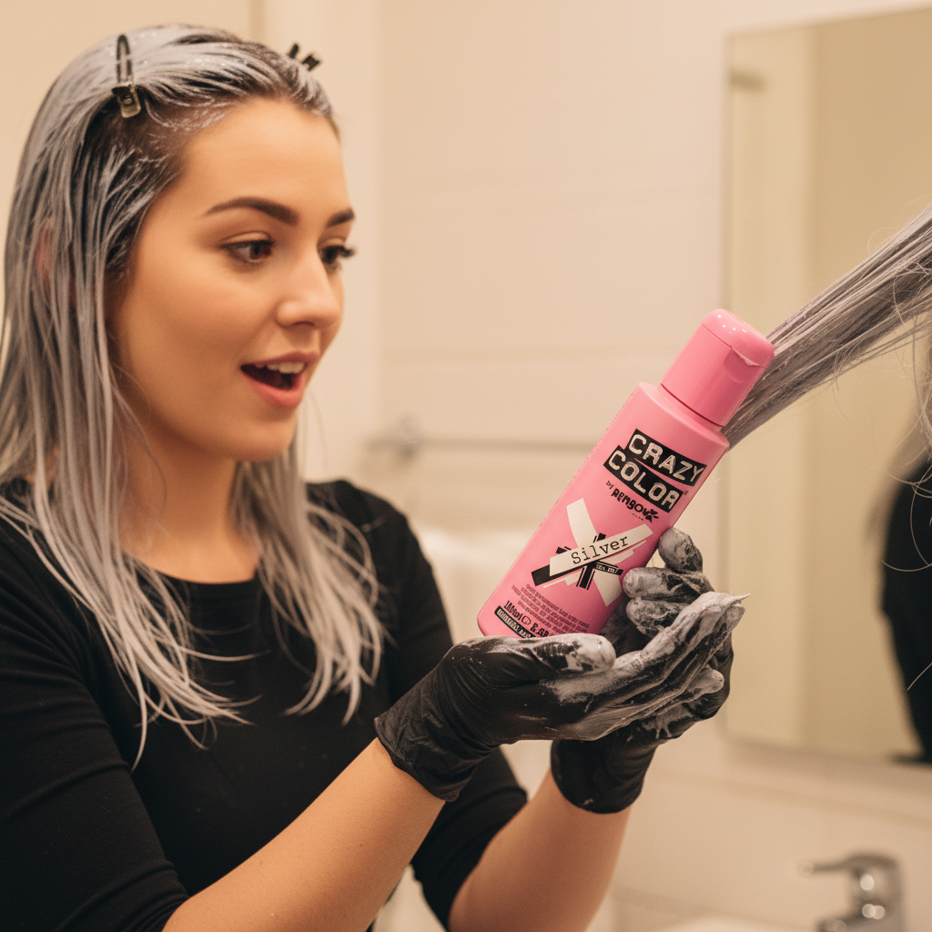 Woman applying Crazy Color Silver semi-permanent hair dye at home holding the pink bottle