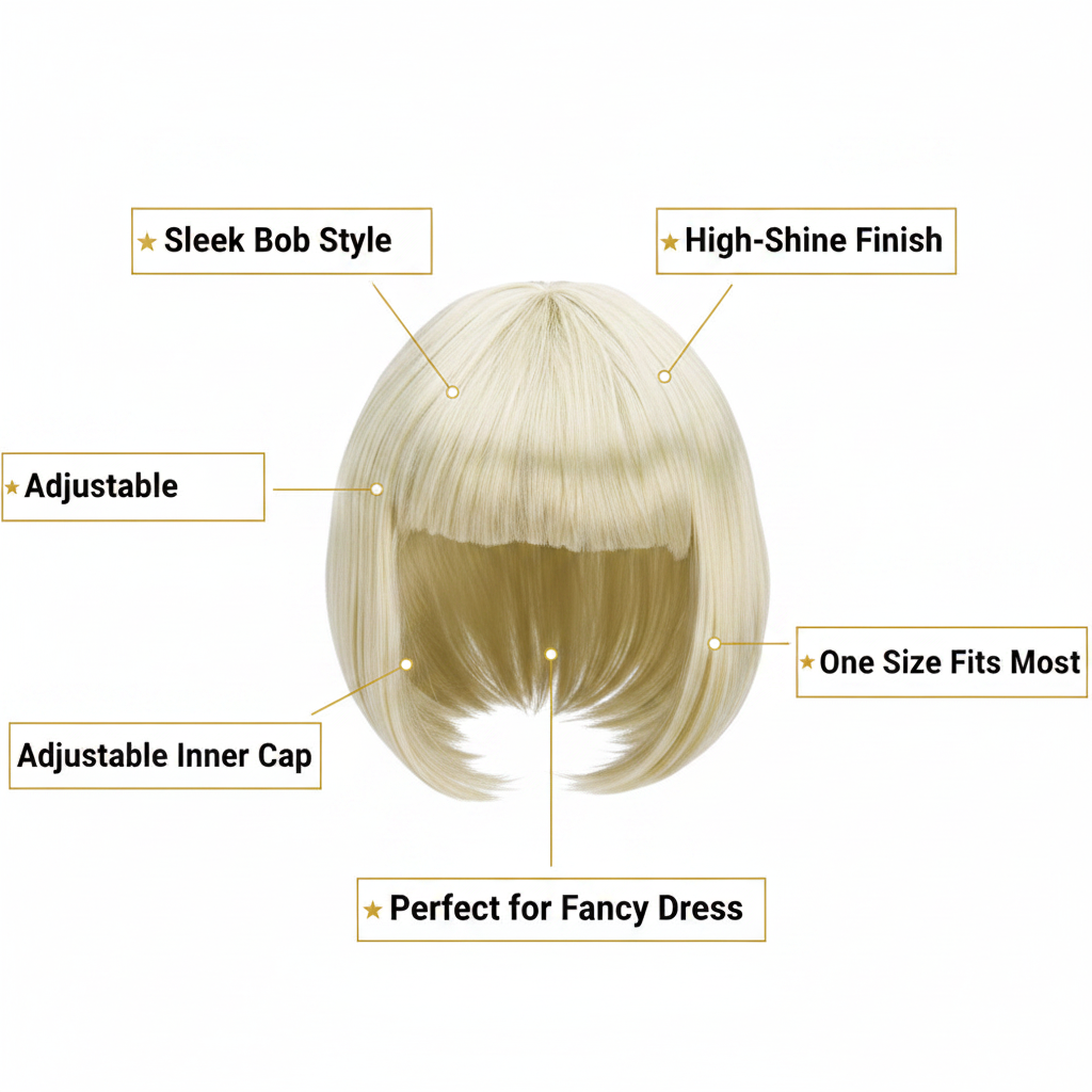 Diva blonde bob wig feature infographic with 5 A+ callout labels on white background