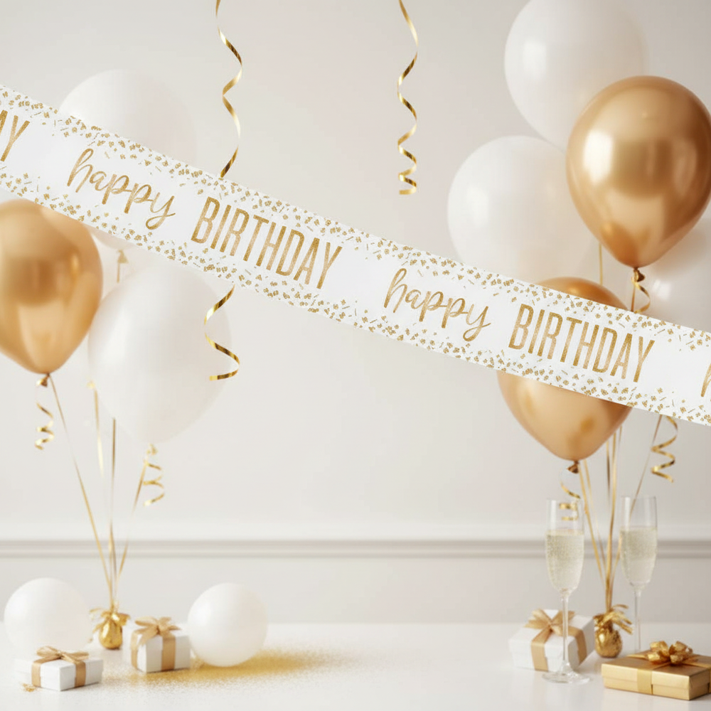 Happy Birthday foil banner with elegant white and gold confetti - 9ft party decoration product shot