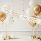 Happy Birthday foil banner with elegant white and gold confetti - 9ft party decoration product shot