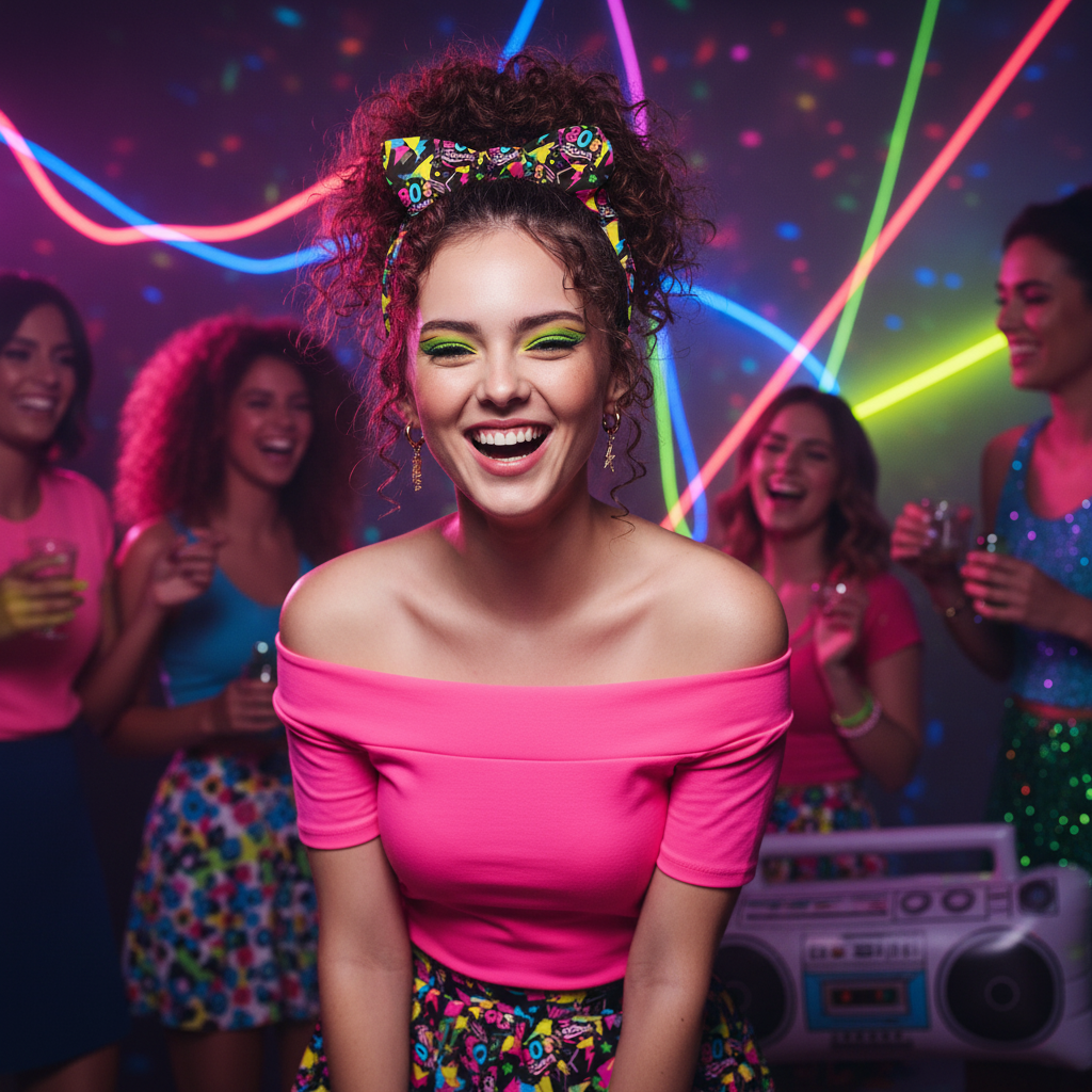 Young woman at an 80s themed party wearing the 80's Forever Multi-Coloured Hair Scrunchie in a high ponytail