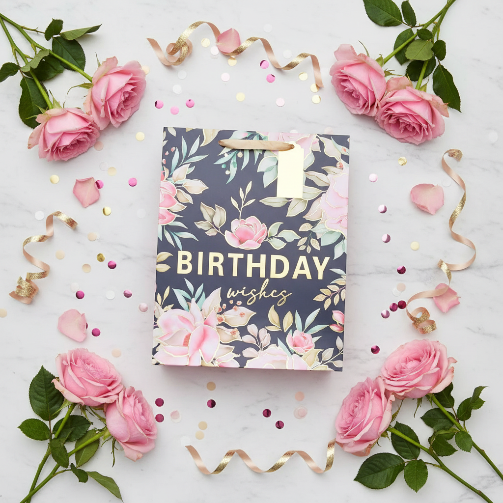 Flat lay of small pink floral birthday gift bag on marble surface with roses and confetti