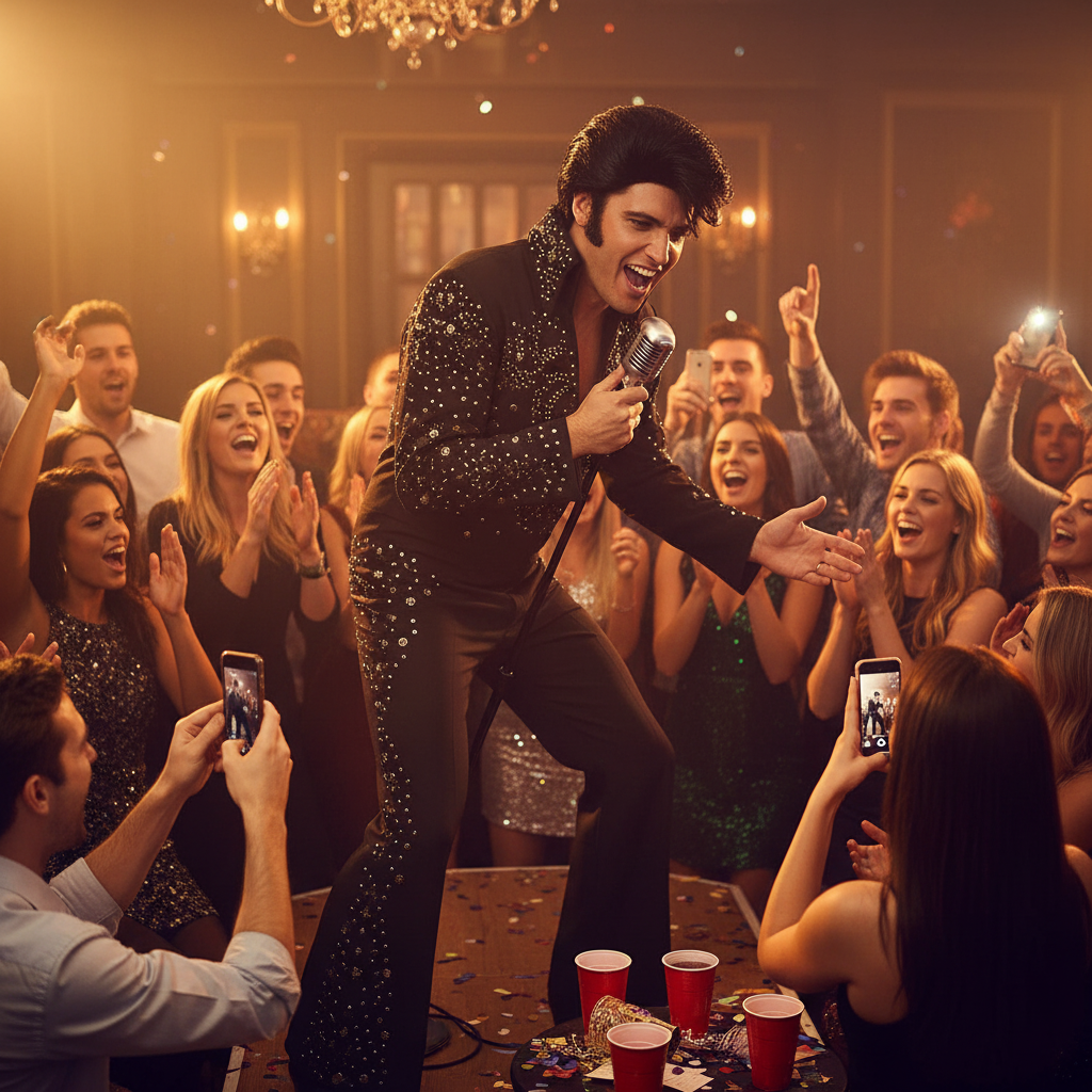 Man wearing jet black Elvis pompadour wig performing on stage with microphone, crowd cheering