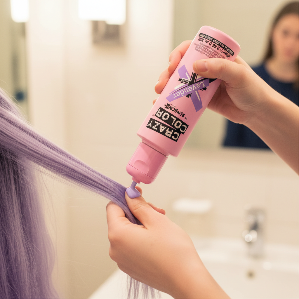 Hands applying Crazy Color Lavender semi-permanent hair dye from the pink bottle to lavender-toned hair, candid close-up shot