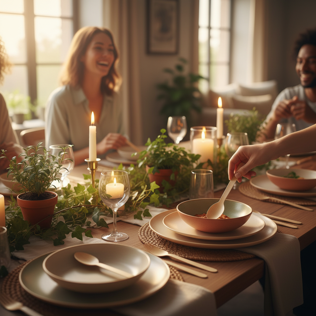 Eco wooden cutlery set on elegant dinner party table with candles and greenery