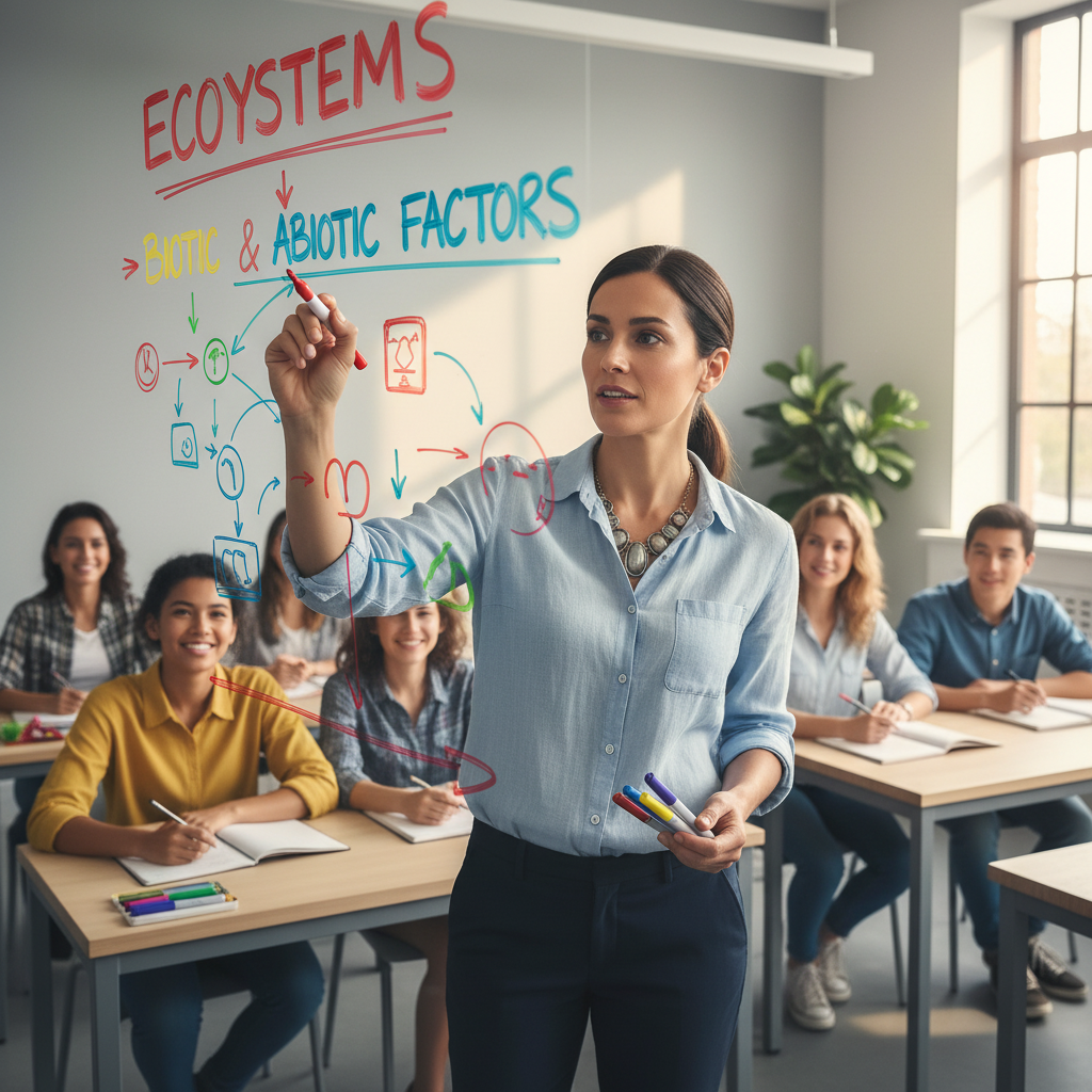 Teacher using liquid chalk marker pens on glass whiteboard in modern classroom