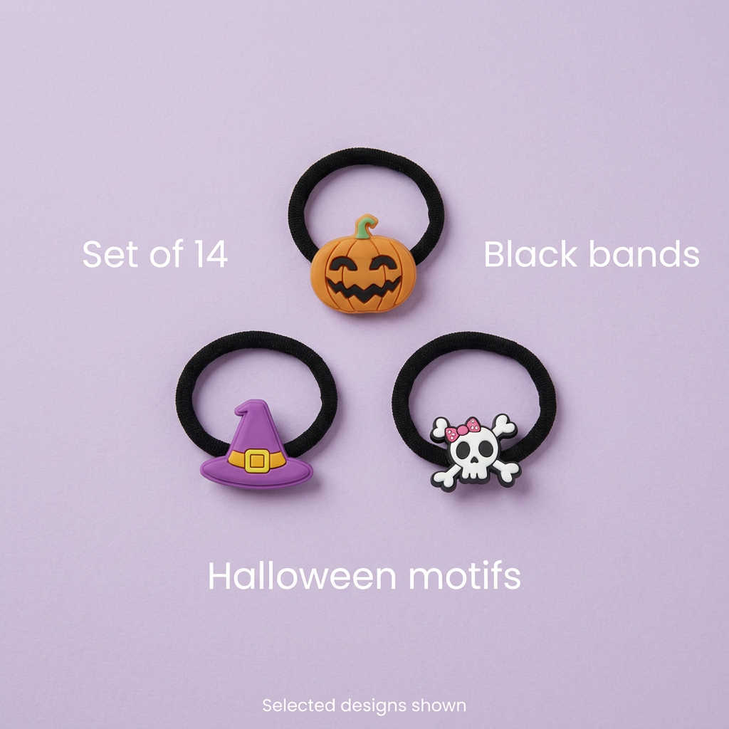 Pumpkin, witch hat and skull bobbles on lavender with set of 14 and black bands captions