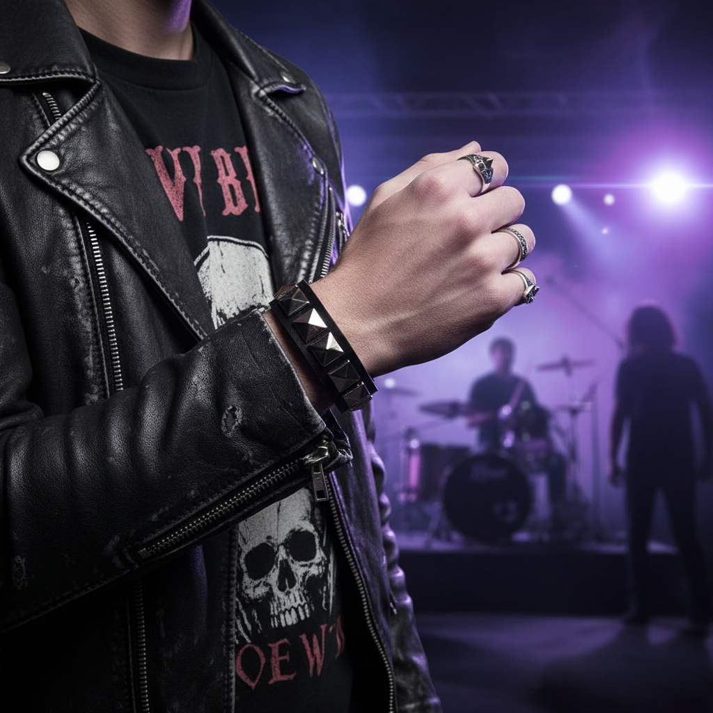 Person wearing black studded punk wristband with silver studs