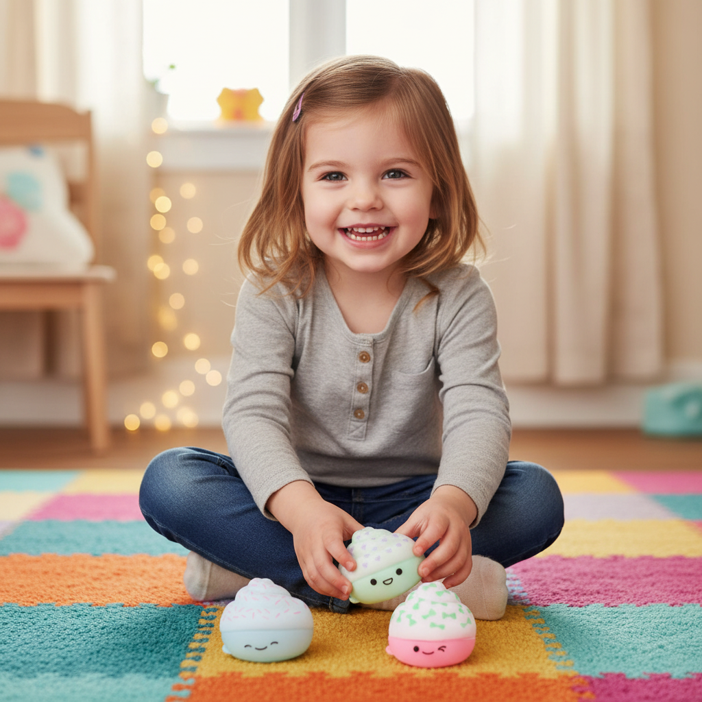 Child collecting and arranging squishy cupcake cuties - outcome and result lifestyle shot