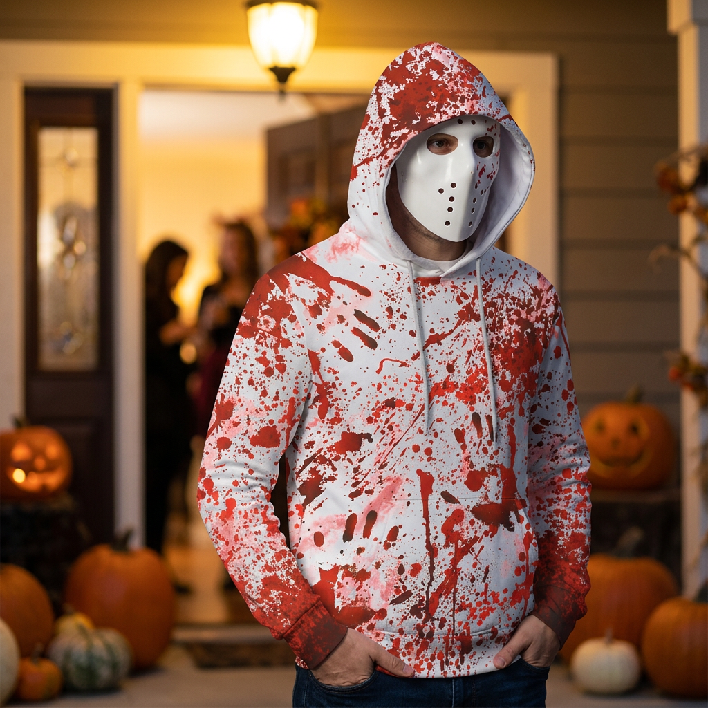 Adult wearing the red-splattered white hoodie and mask at a warmly lit Halloween entrance with pumpkins.