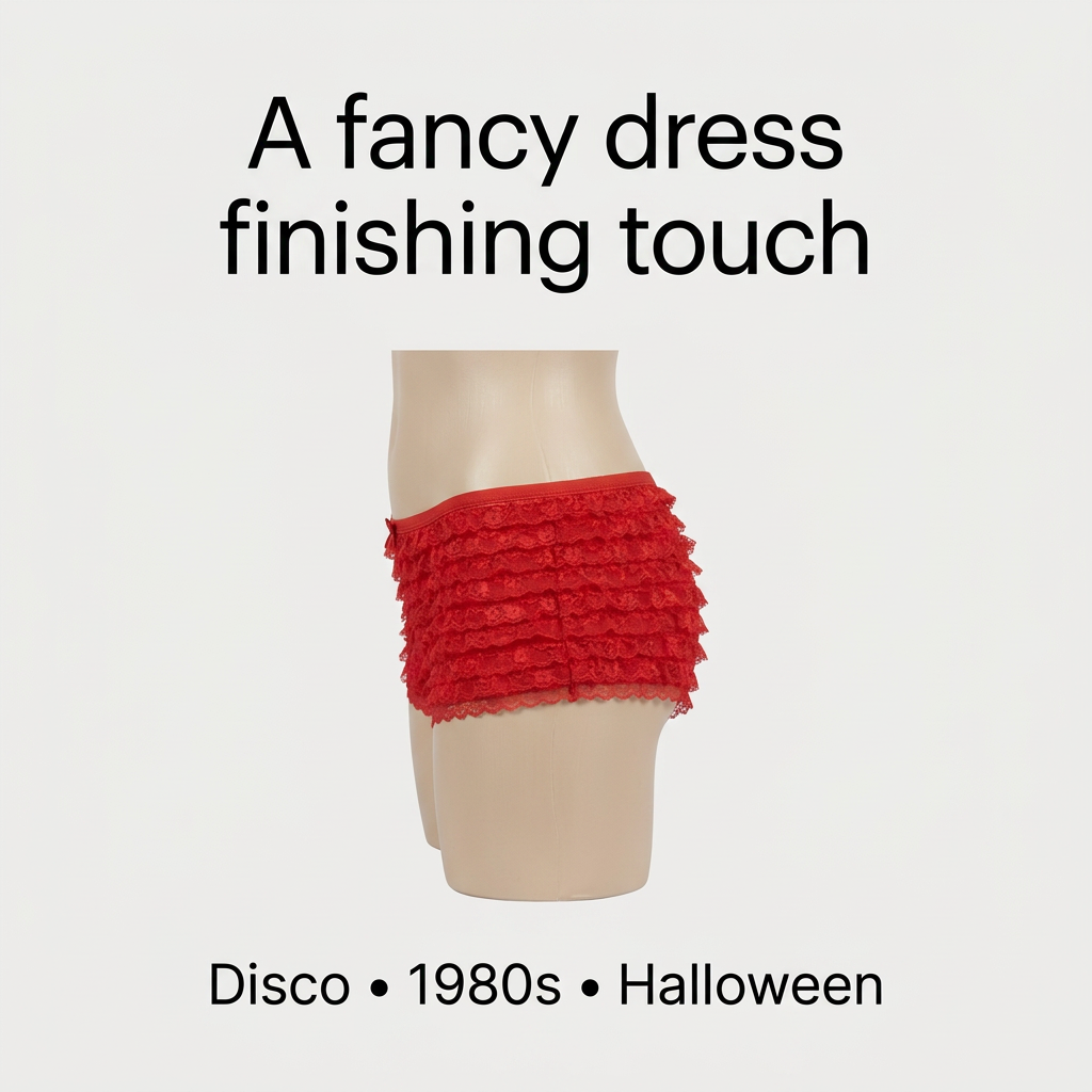 Red ruffle lace costume panties with disco, 1980s and Halloween occasion captions