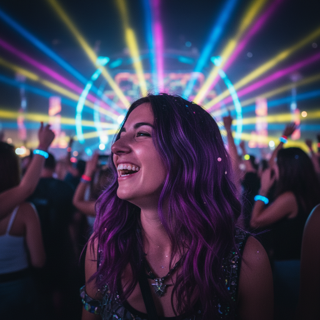 Person with vibrant purple temporary hair colour at festival - Party Success hair spray results