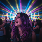 Person with vibrant purple temporary hair colour at festival - Party Success hair spray results