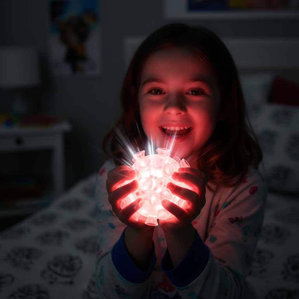 Child squeezing red Squish Squeeze Strobe ball glowing with bright light in dark bedroom