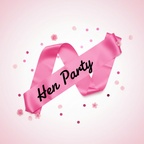 Hen Party Sash Pink With Black Writing displayed on a blush background with confetti - Why Not Shop