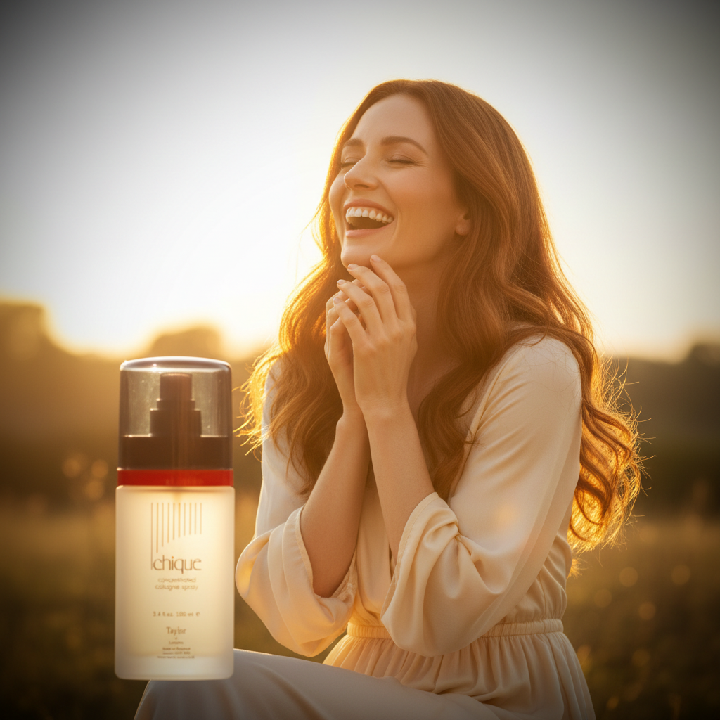 Aspirational scene of a confident woman with Taylor of London Chique cologne, golden hour lighting evoking elegance and femininity