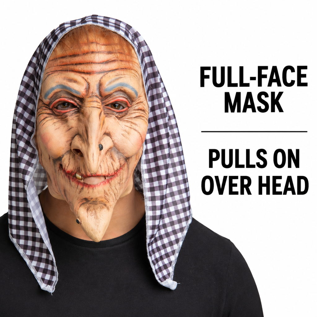 Old hag mask pictured beside text explaining its full-face, pull-on design