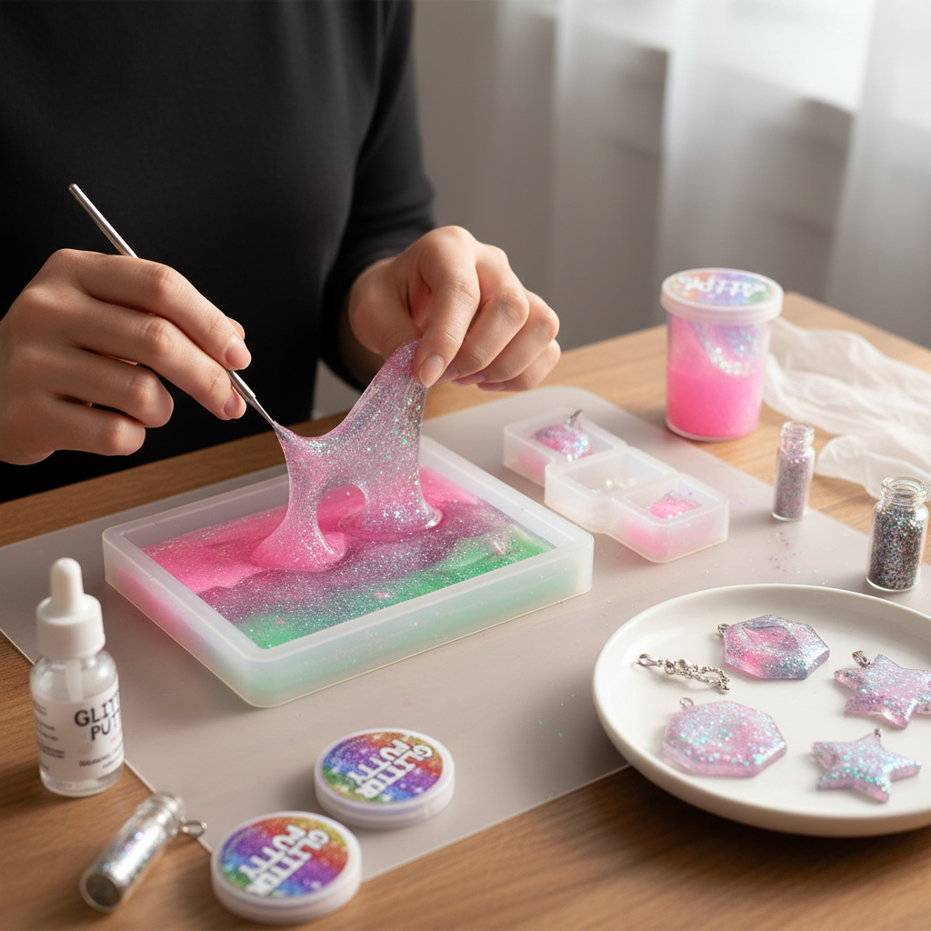 Glitter crystal putty being used in resin art and jewellery making craft project
