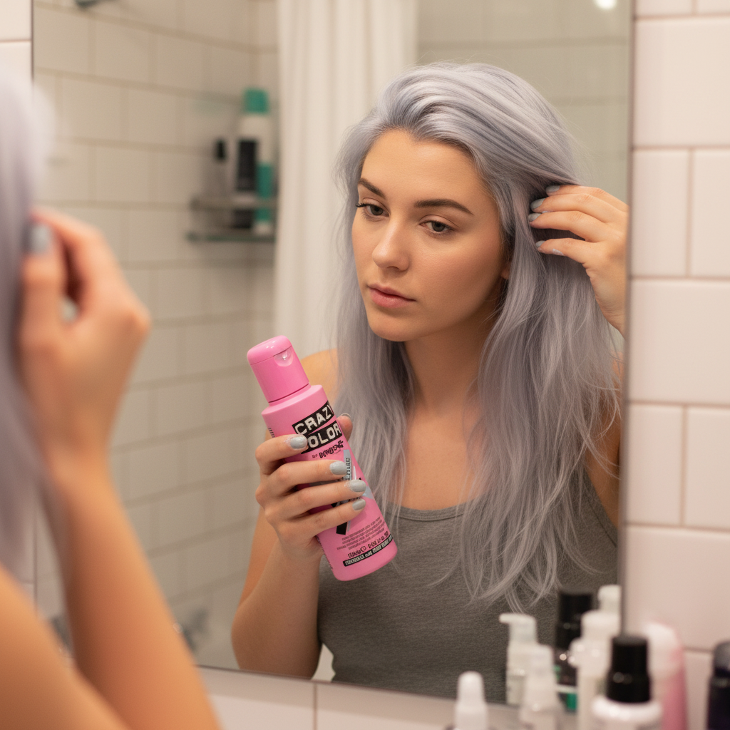 Woman applying Crazy Color Platinum No.28 hair dye at bathroom mirror — authentic candid moment