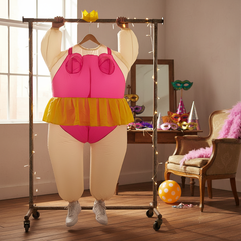 Inflatable Funny Ballerina costume hanging in a vintage dressing room with fairy lights and party props