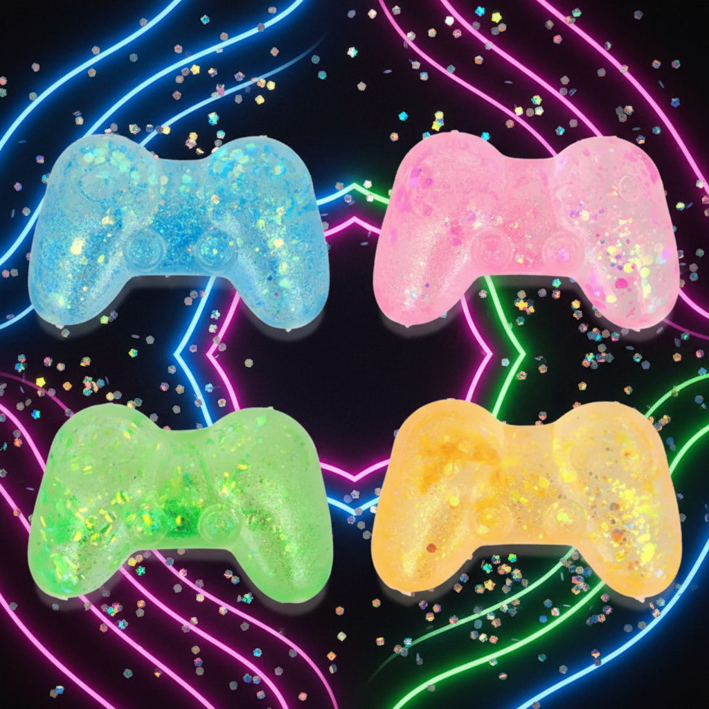 All four Stretch and Squeeze Game Controller Gel Toy colours in 2x2 grid on dark gaming background with neon glow and holographic glitter
