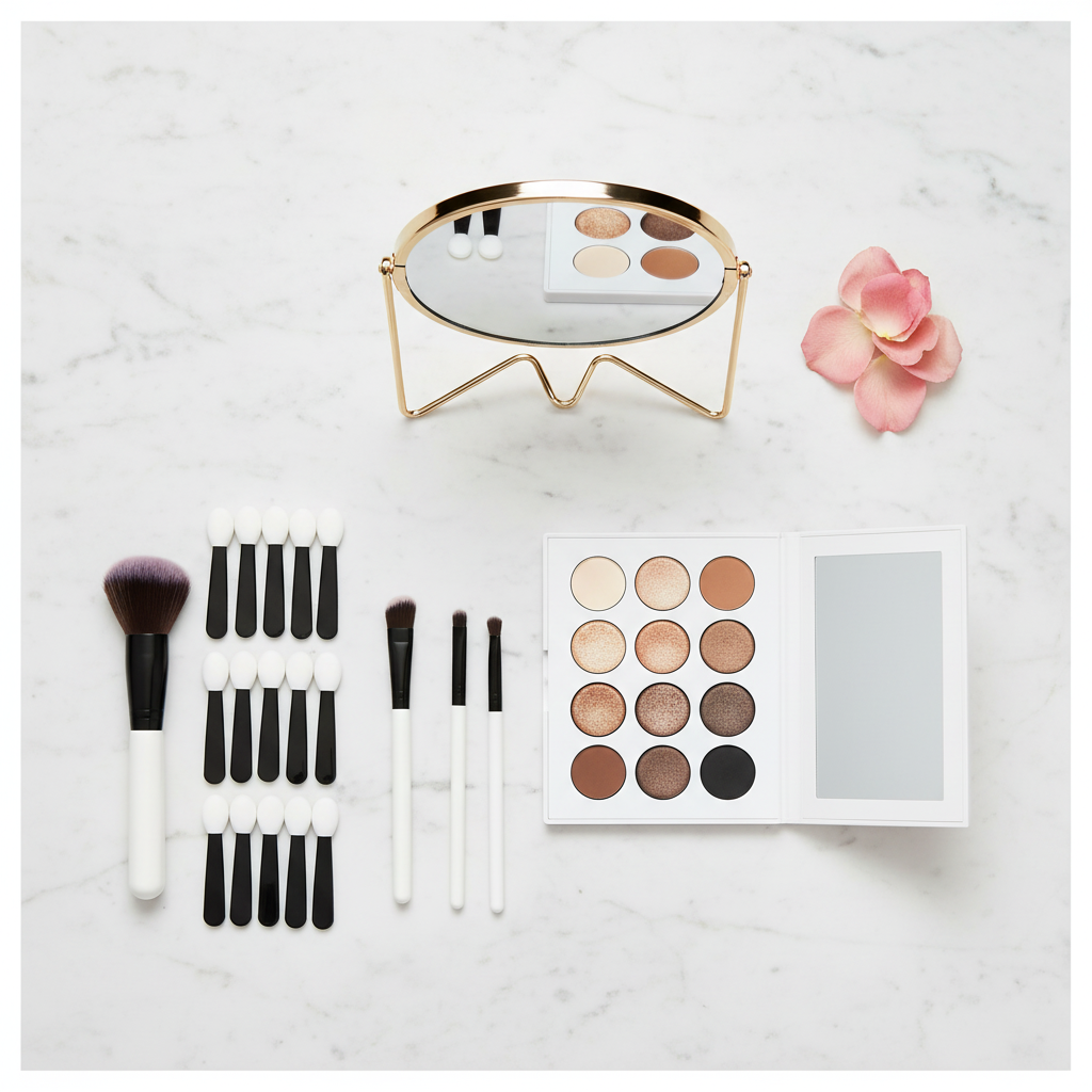 Flat lay of eyeshadow applicators arranged with an eyeshadow palette and makeup brushes on a white marble surface