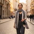 Stylish woman wearing a black and beige chiffon animal print scarf walking through a sunlit European city street at golden hour