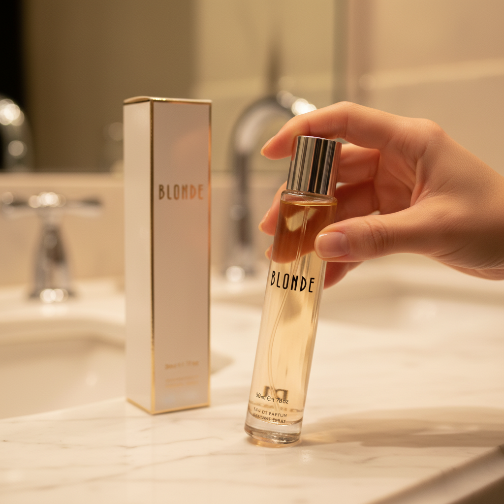 Woman's hand picking up D&M Fragrances Blonde 50ml perfume bottle from marble vanity — warm lifestyle bokeh