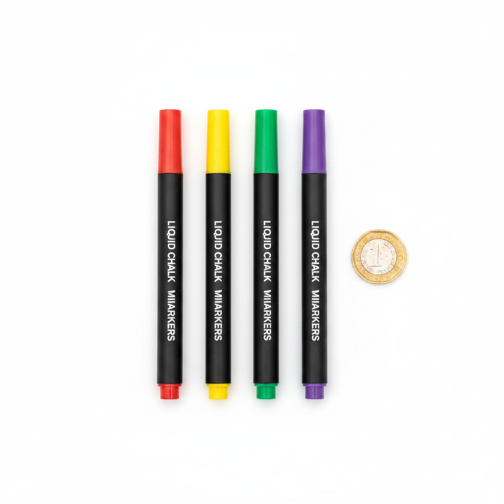 Liquid chalk pens pack of 4 laid flat beside a British pound coin to show size scale on white background