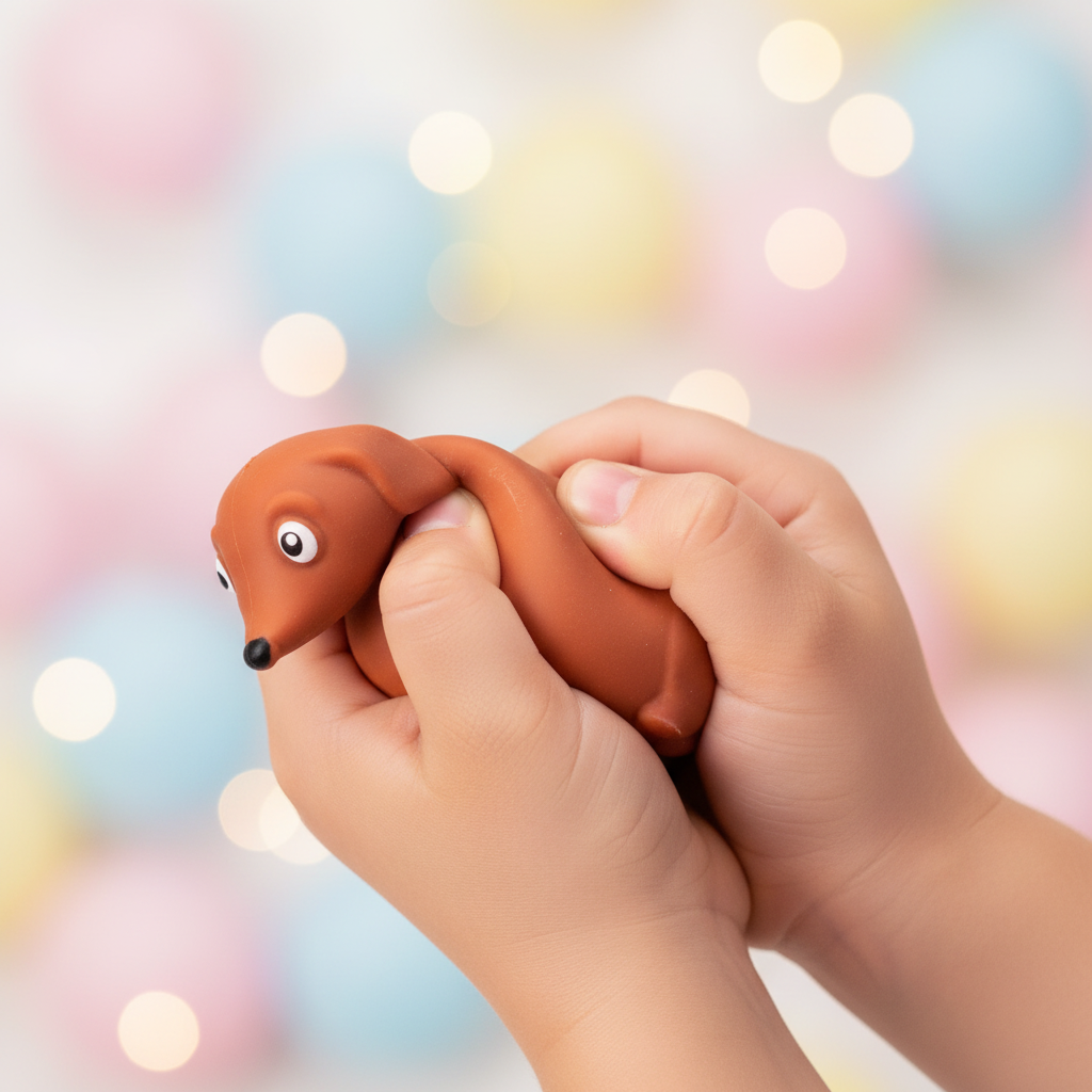 Close-up of child's hands squeezing brown tan squishy dachshund sausage dog squeeze toy
