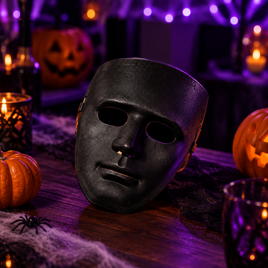 Black robot mask resting on a Halloween party table with pumpkins under purple lighting