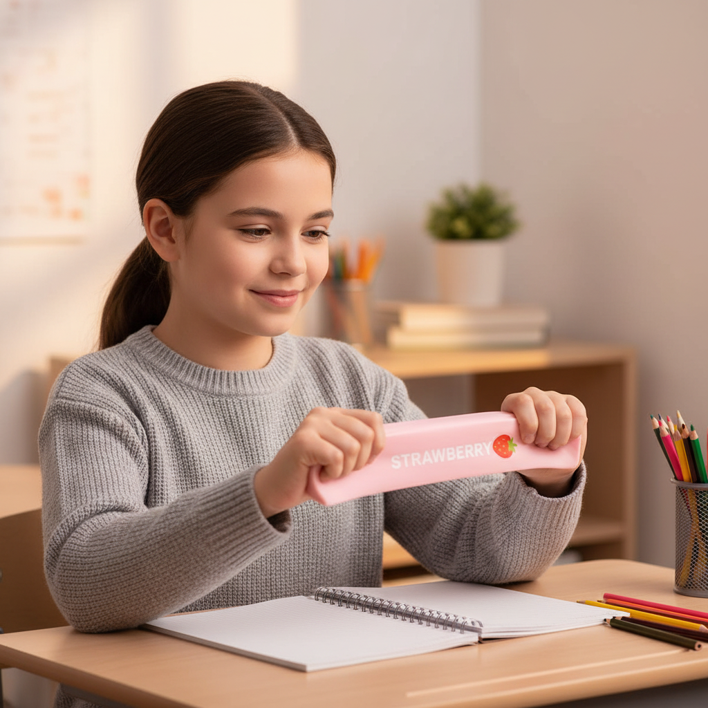 Girl stretching pink Squishy Strawberry Butter Sticks toy for stress relief during homework time