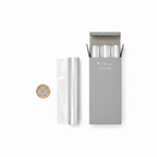 Crystal-clear cellophane wrap 5M roll with grey box placed beside a £1 coin on white background to show scale